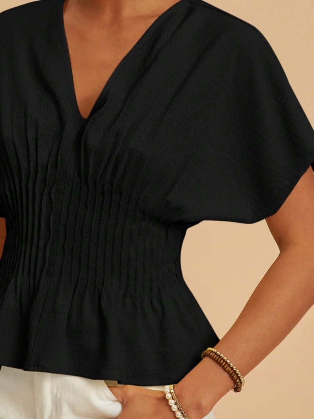 Solid V neck Pleated Batwing Sleeve Cotton Top - Picture 10 of 10